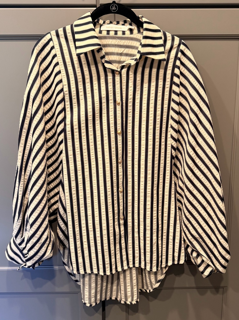 Bishop & Young Dolman Sleeve Navy and Ivory Striped Blouse, L